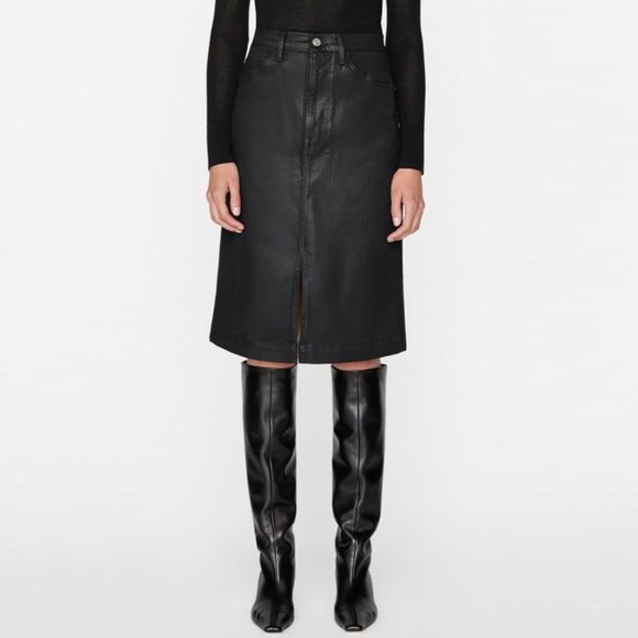 FRAME Split-Hem Coated Midi Skirt (Noir Coated Black) - Picture 3 of 16